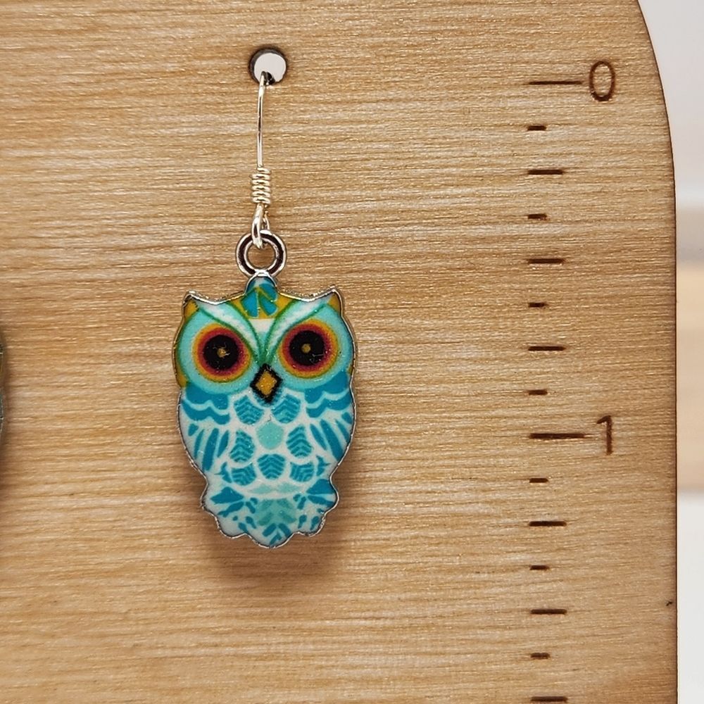 Owl Earrings Blue Owl Charm Drop on Sterling Silver French Earwires New - Picture 3 of 6